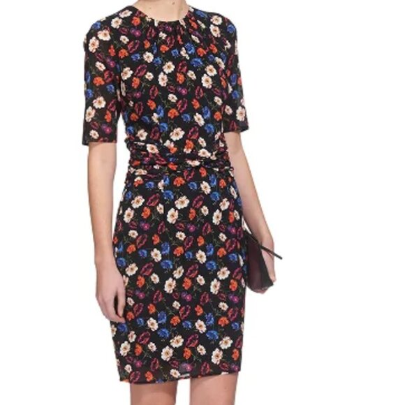 Whistles Black Floral Summer Pansy Print Silk Blend ¾ Sleeve Bodycon Dress - Picture 1 of 9